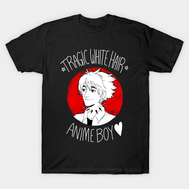 Tragic White Hair Anime Boy - White Font T-Shirt by riadoodles